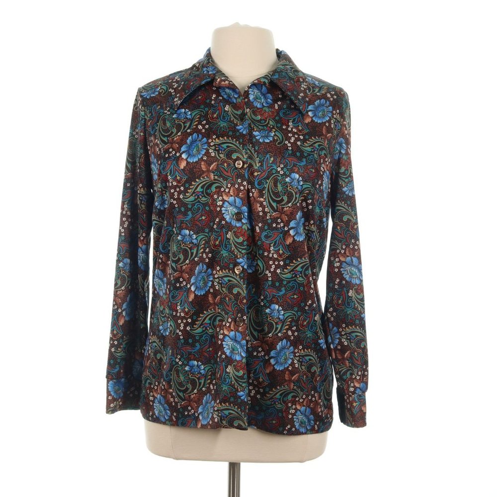 Lori Lynn Women's Brown Paisley Floral Vintage 70s Button Up Shirt Top